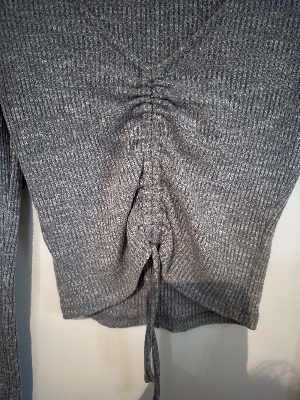 Women's Grey Ribbed Drawstring V-Neck Long Sleeve Top - Picture 2 of 4